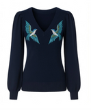 Dark Blue Swallow Bird Embroidered Bubble Sleeve Knitwear Sweater