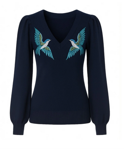 Dark Blue Swallow Bird Embroidered Bubble Sleeve Knitwear Sweater