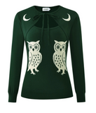 Green Vintage Pop Art Cut Out Owl Moon Jacquard Knit