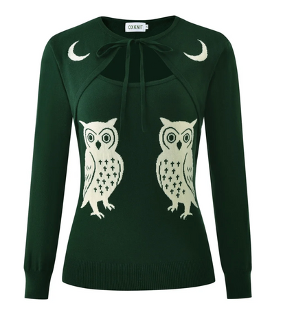 Green Vintage Pop Art Cut Out Owl Moon Jacquard Knit