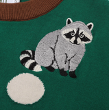 Women's 70s Retro Green Raccoon Embroidered Knitwear Sweater