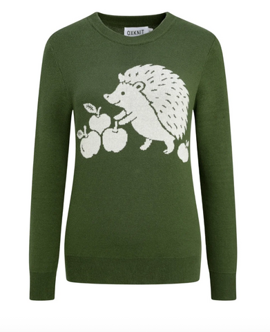 Green Vintage Hedgehog Jacquard Crew Neck Knit Sweater