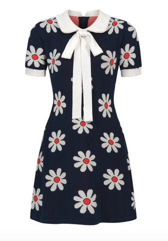 Navy Blue 60s Daisy Peter Pan Collar Knit Dress