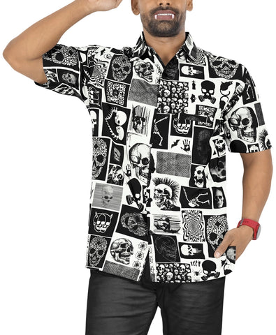Happy Bay Linen Button Up Mens Shirt -  Black and White Skeleton Rocker