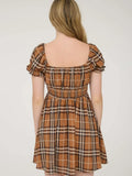 Plaid Short Puff Sleeve Mini Dress