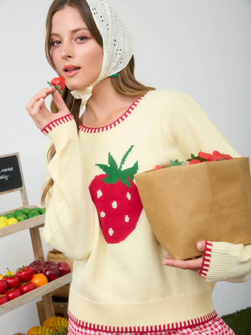 Strawberry Motif Contrast Stitch Knit Pullover