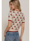 Short Sleeve Contrasting Edge Line Cherry Pattern Sweater Top