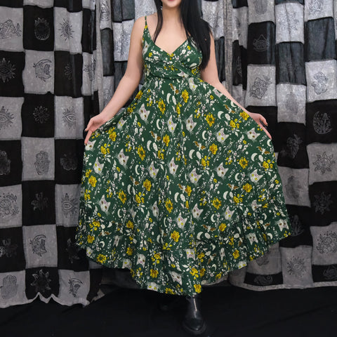 Green Witchcore Mystical Cat Maxi Dress - One Size