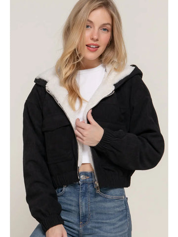 Black Long Sleeve Hoodie Inside Fur Corduroy Zip Up Jacket