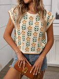 Vintage Floral Crew Neck Knit Crop Top Short Sleeve