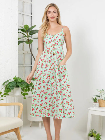 Mint Strawberry Print Cami Dress