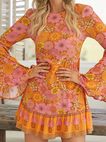 Pink Floral Psychedelic Bell Sleeve Dress