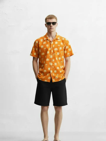 Men's Hamburger Printed Woven Fun Print Short Sleeve Cotton Shirt