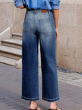 High Waist Wide Leg Denim Jeans with Front Patch Pockets