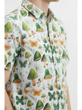 Men's Green Mushroom Printed Woven Fun Print Short Sleeve Cotton Shirt