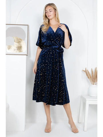 Navy Golden Moon & Star Velvet Wrap Dress