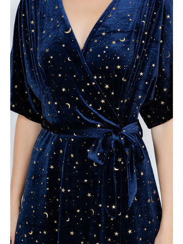Navy Golden Moon & Star Velvet Wrap Dress Heartbreak Boutique Navy Golden Moon & Star Velvet Wrap Dress Heartbreak Boutique