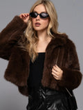 Long Sleeve Notched Collar Faux Fur Cropped Jacket