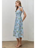 Blue Floral Print Smocked Back Midi Dress