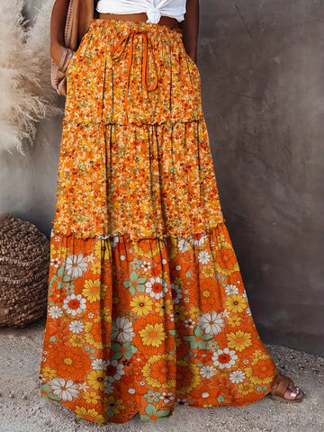 Orange Boho Floral Maxi Skirt