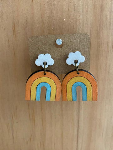 Wooden Cloud Rainbow Dangly Earrings