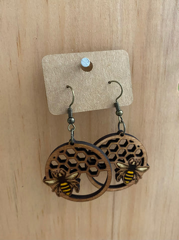 Wooden Honeycomb and Bee Dangly Earring