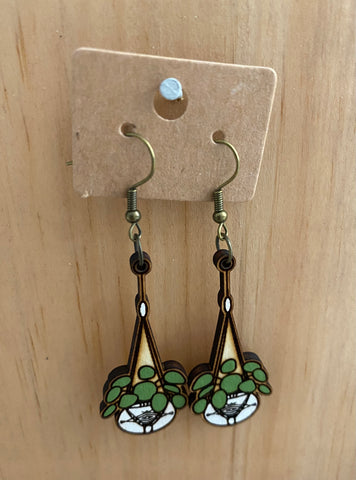 Wooden hanging leafy plant dangly earrings