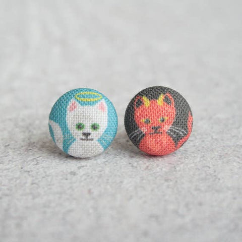 Good vs. Evil Cat Cloth Button Earrings