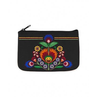 Floral embroidered vegan leather change purse