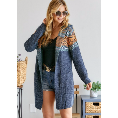 Hooded Long Open Front Cardigan - Navy