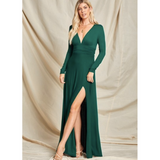 Long Sleeve Jersey Maxi Dress with Side Slit - Green or Black