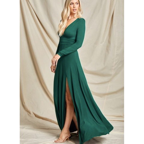 Long Sleeve Jersey Maxi Dress with Side Slit - Green or Black