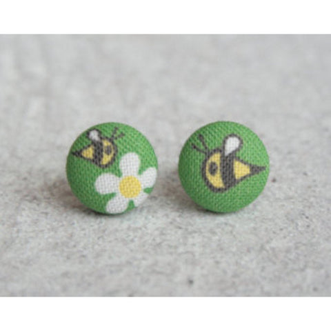 Busy Bee Cloth Button Earrings